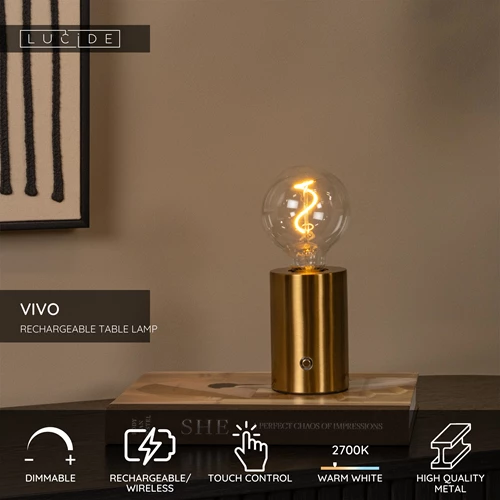 Lucide VIVO - Rechargeable Table lamp - Battery pack - Ø 8 cm - LED Dim. - E27 - 1x1W 2700K - Matt Gold / Brass - USP
